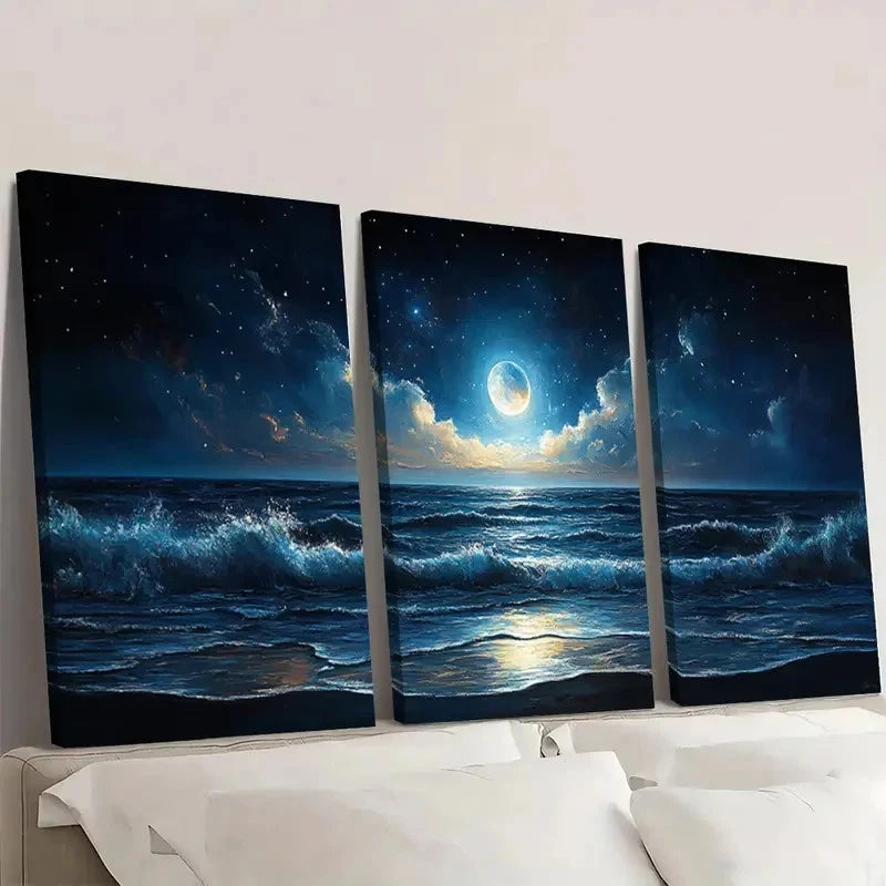 3pcs Midnight Ocean Seascapey  SF   Wall Art Set Canvas Framed 60x90cm - High Quality Print 100% Australian Made Wall Canvas Ready to Hang
