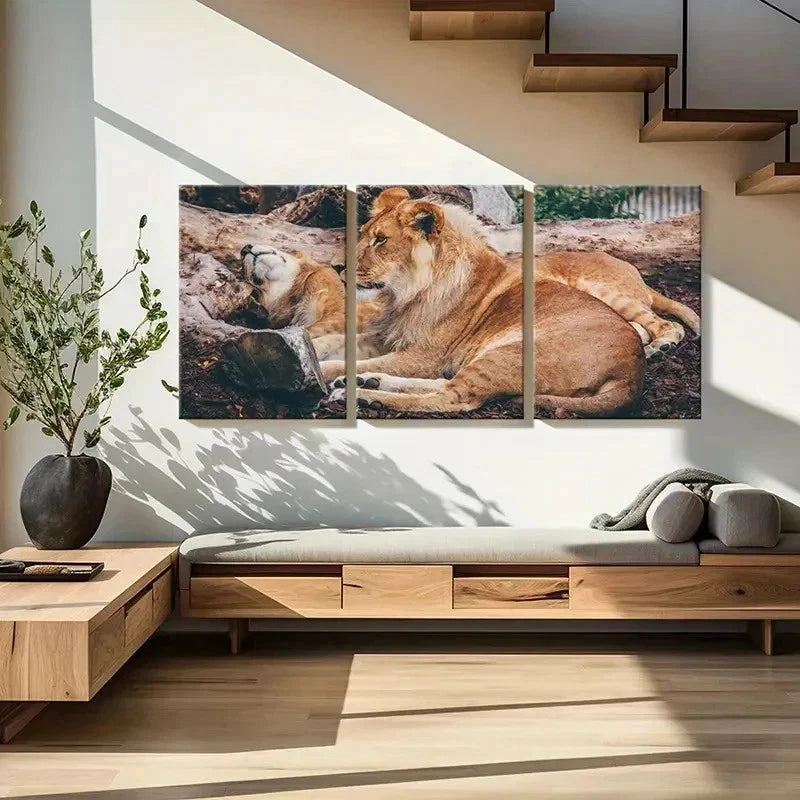 3pcs Lion Couple Animal Painting Wall Art Set Canvas Framed 60x90cm - High Quality Print 100% Australian Made Wall Canvas Ready to Hang