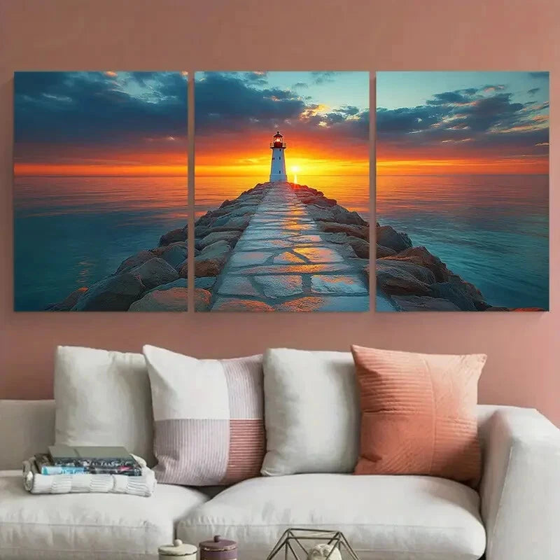 3pcs White Lighthouse Rocky Pier Ocean Sunset Metal Print Ready to Hang Art - Bella Home Decor