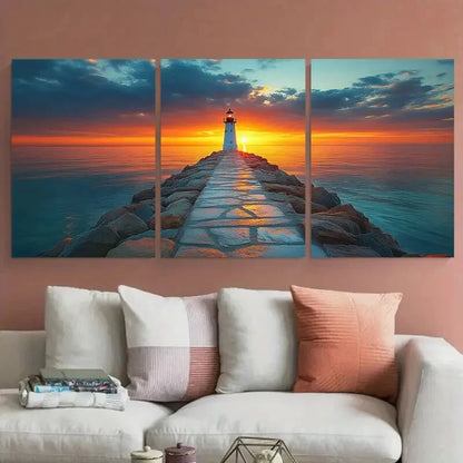 3pcs White Lighthouse Rocky Pier Ocean Sunset Metal Print Ready to Hang Art - Bella Home Decor