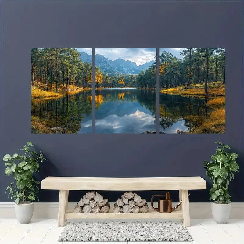 3pcs EArth Tones Lake Reflection Artwork Metal Print Ready to Hang Art - Bella Home Decor