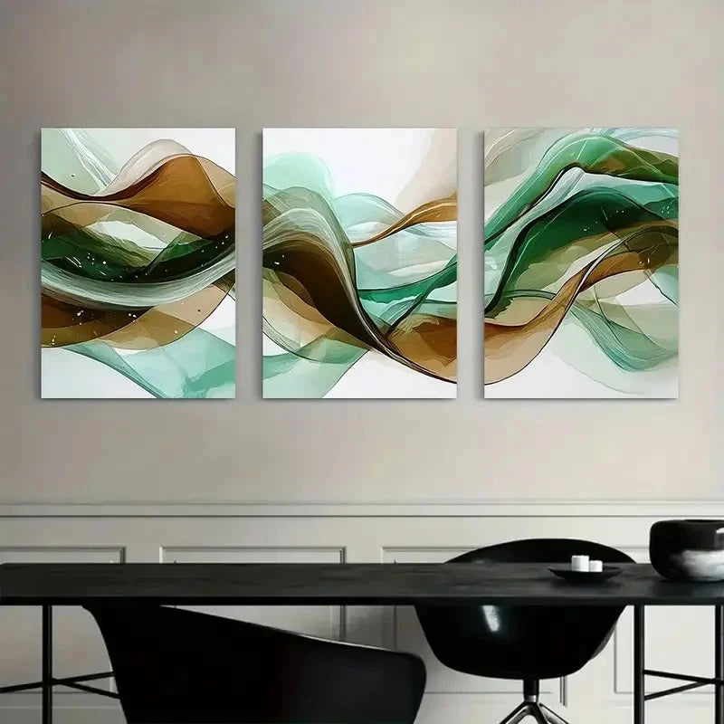 3pcs Abstract Flowing Wave of Green and Brown Metal Print Ready to Hang Art - Bella Home Decor