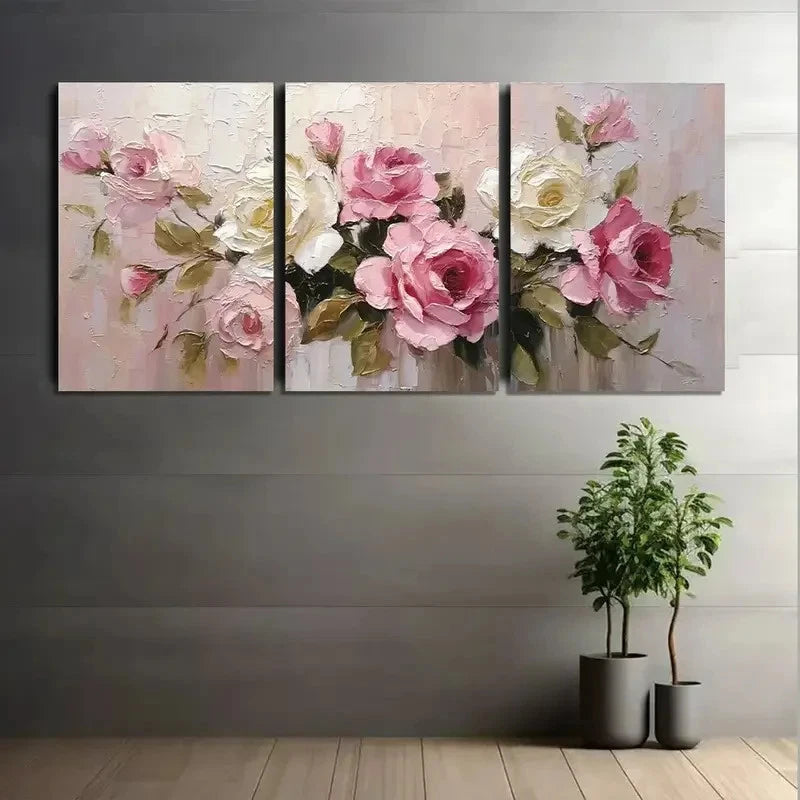 3pcs Elegant Oil Painting of Blooming Roses Metal Print Ready to Hang Art - Bella Home Decor