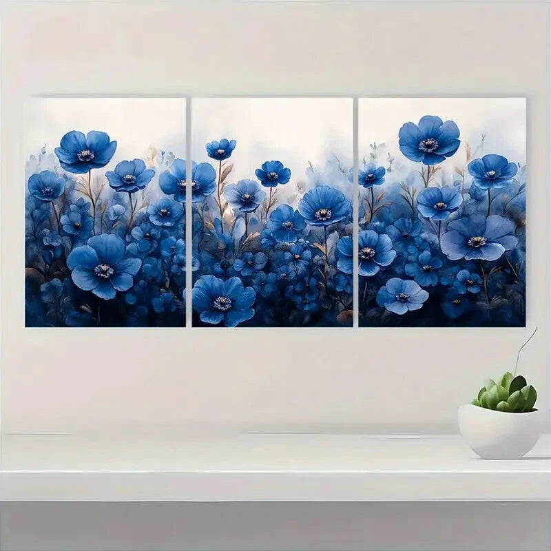 3pcs Blue Botanical Forget-Me-Not Floral Metal Print Ready to Hang Art - Bella Home Decor