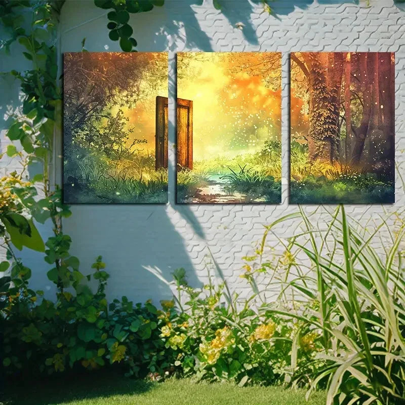 3pcs Vibrant Door in the Forest Illustration Metal Print Ready to Hang Art