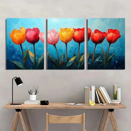3pcs Vibrant Tulip Impasto Oil Painting Metal Print Ready to Hang Art
