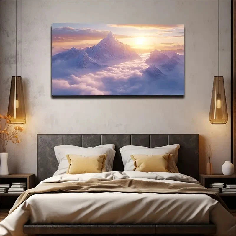 Snow Mountain Sunrise Surrounde Wall Art Canvas Office Home Room Framed 120x60cm