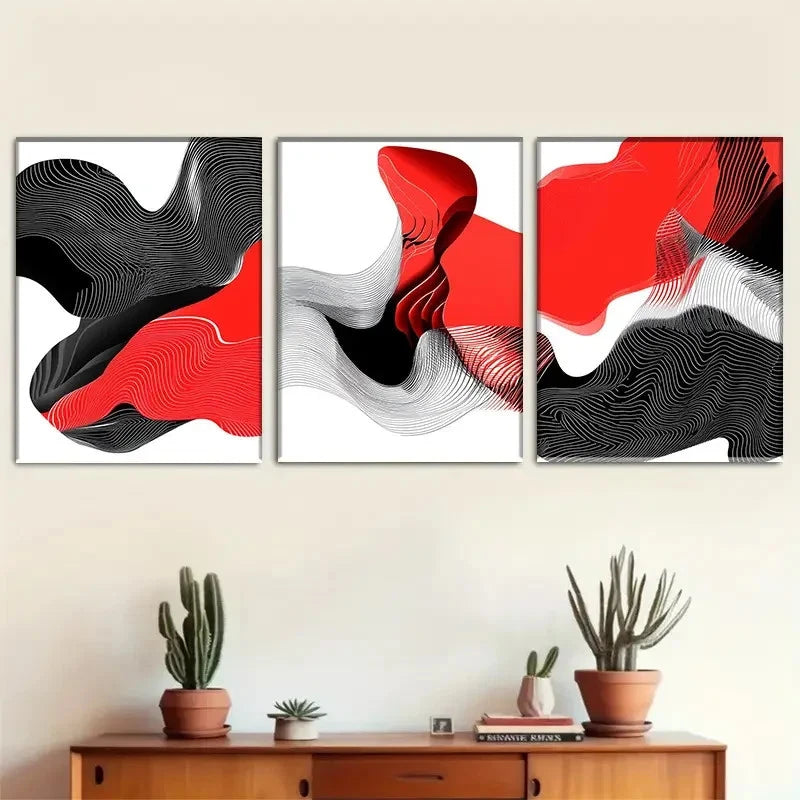 3pcs Red and Black Abstract Wave Design Metal Print Ready to Hang Art - Bella Home Decor