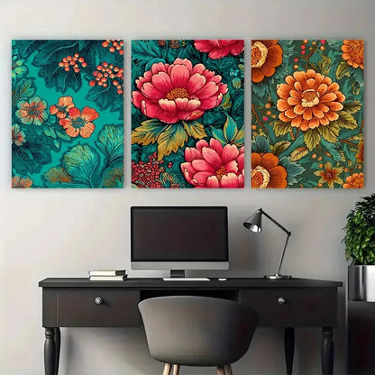 3pcs Vintage Bangkok Floral Thailand Design Wall Art Set Canvas Framed 40x60cm - High Quality Print 100% Australian Made Wall Canvas Ready to Hang