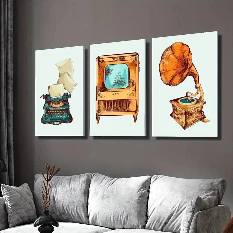 3pcs Old TV and Music Machine & Phonograph Wall Art Set Canvas Framed 60x90cm - High Quality Print 100% Australian Made Wall Canvas Ready to Hang