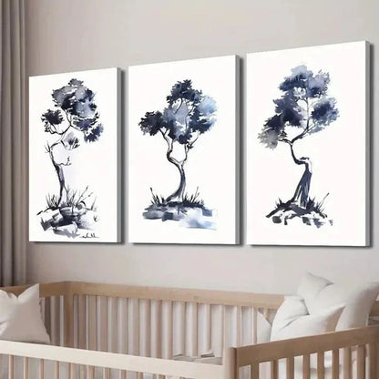 3pcs Blue & Black Abstract Tree Paintings Wall Art Set Canvas Unframed - High Quality Print 100% Australian Made Wall Canvas - Bella Home Decor