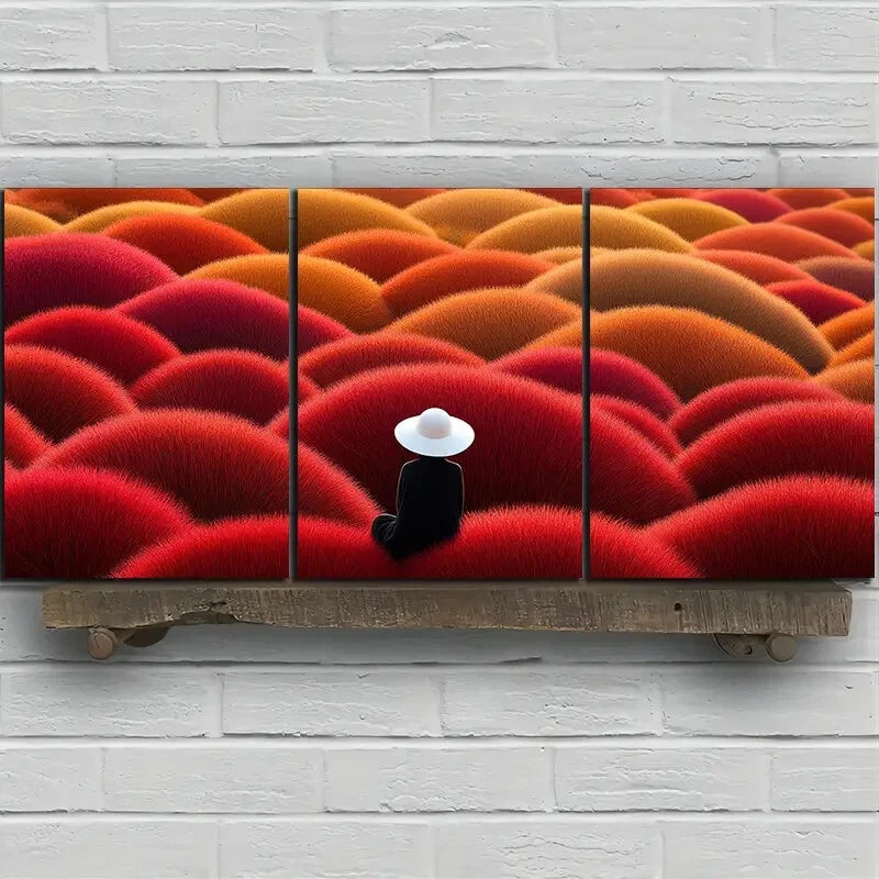 3pcs Person Wearing a Straw Hat Sitting On Field Metal Print Ready to Hang Art - Bella Home Decor