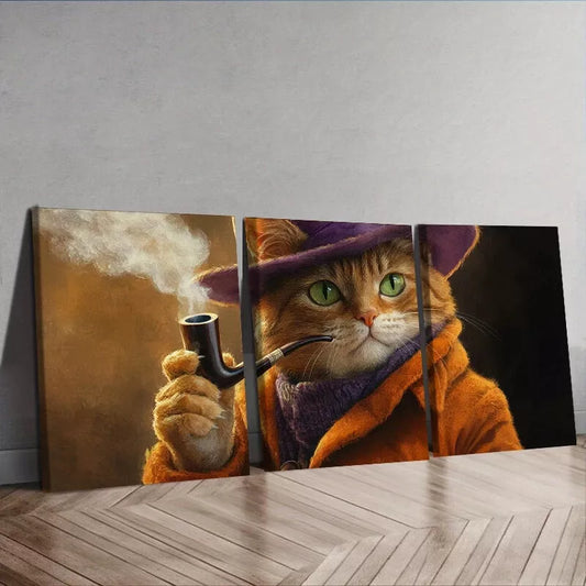 3pcs A Cat With A Pipe Smoke Orange Cat Wall Art Set Canvas Framed 50x70cm - High Quality Print 100% Australian Made Wall Canvas Ready to Hang