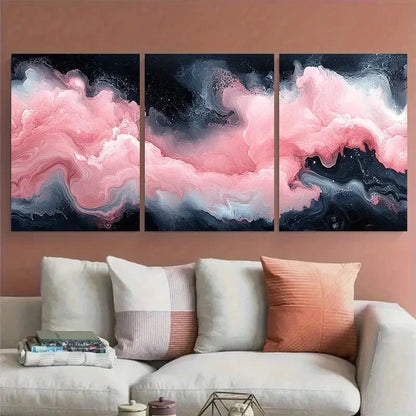 3pcs Abstract Marble Pink Black and White Flowing Metal Print Ready to Hang Art - Bella Home Decor