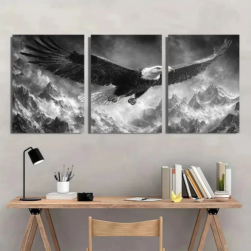 3pcs Dramatic Black and White Bald Eagle Metal Print Ready to Hang Art - Bella Home Decor