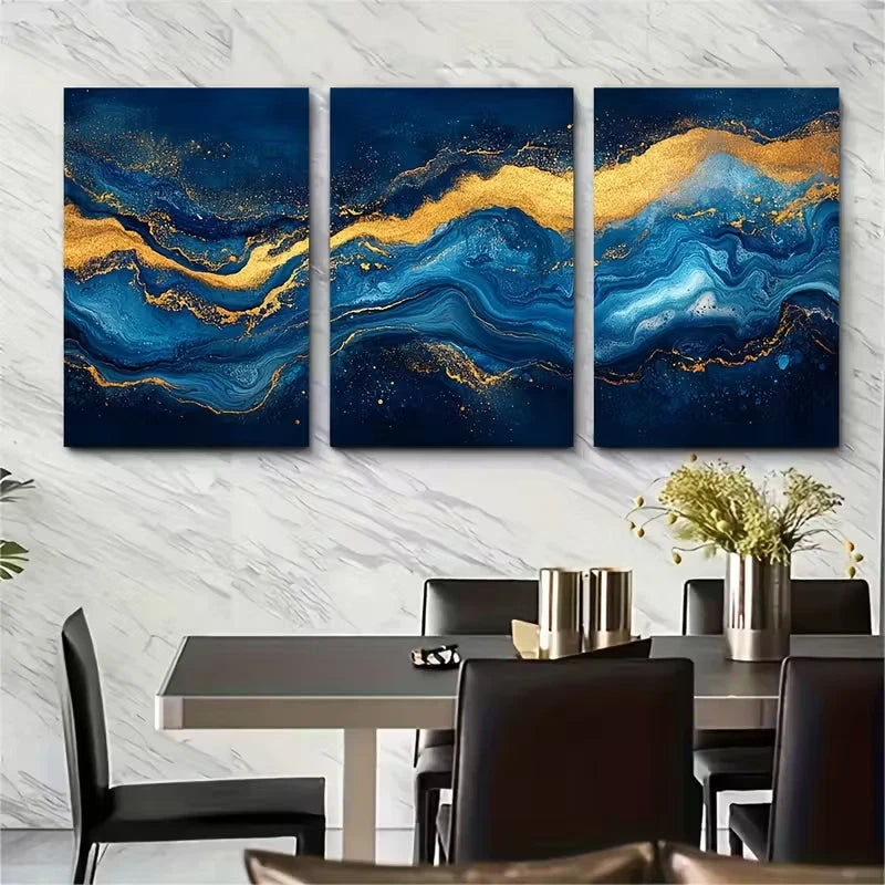 3pcs , Blue Golden Marbleled Metal Print Ready to Hang Art - Bella Home Decor