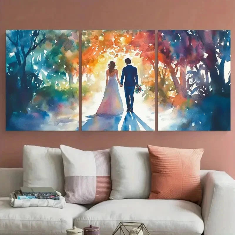 3pcs Romantic Couple Walking Under a Canopy Metal Print Ready to Hang Art - Bella Home Decor