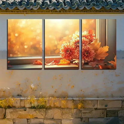 3pcs Vibrant Autumn Floral by Window Design Metal Print Ready to Hang Art - Bella Home Decor