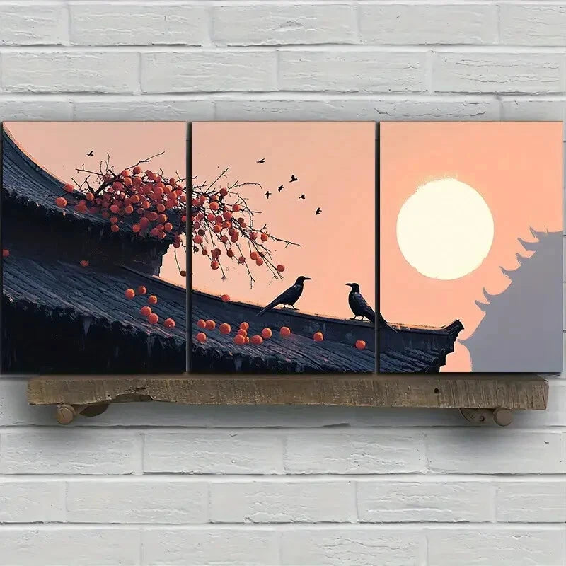 3pcs The Tree On The Eaves Full Moon Metal Print Ready to Hang Art