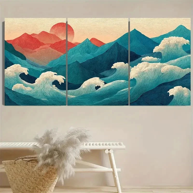 3pcs Ocean Waves And Mountains Art Wall Art Set Canvas Framed 50x70cm - High Quality Print 100% Australian Made Wall Canvas Ready to Hang