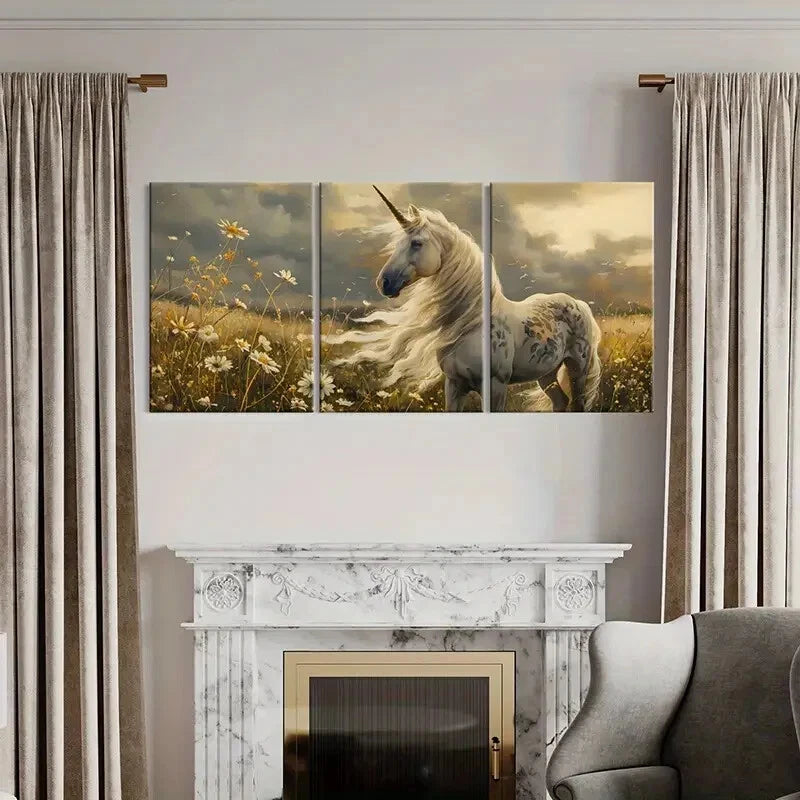 3pcs White Horse with Golden Mane Cloudy Sky Metal Print Ready to Hang Art - Bella Home Decor