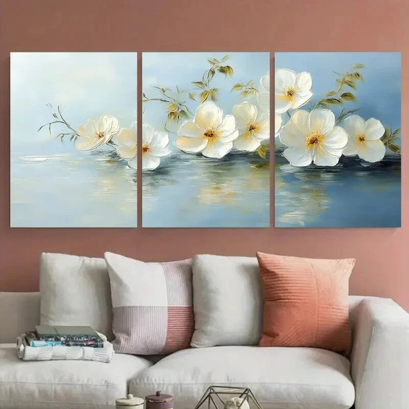 3pcs Elegant White Flowers Blossoms by the Water Metal Print Ready to Hang Art - Bella Home Decor