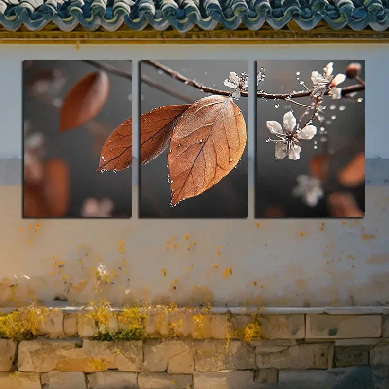 3pcs Brown Leaves and White Flowers Illustration Metal Print Ready to Hang Art