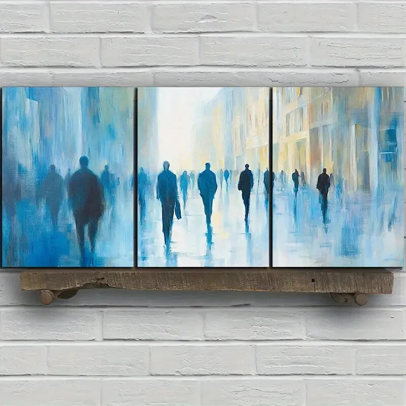3pcs Chariots and Crowds on the Square Blue Themed Metal Print Ready to Hang Art - Bella Home Decor