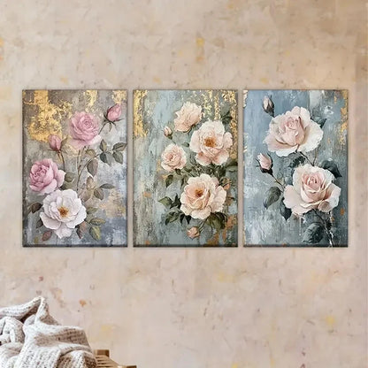 3pcs Elegant Pink Roses & Green Leaves Wall Art Set Canvas Framed 60x90cm - High Quality Print 100% Australian Made Wall Canvas Ready to Hang