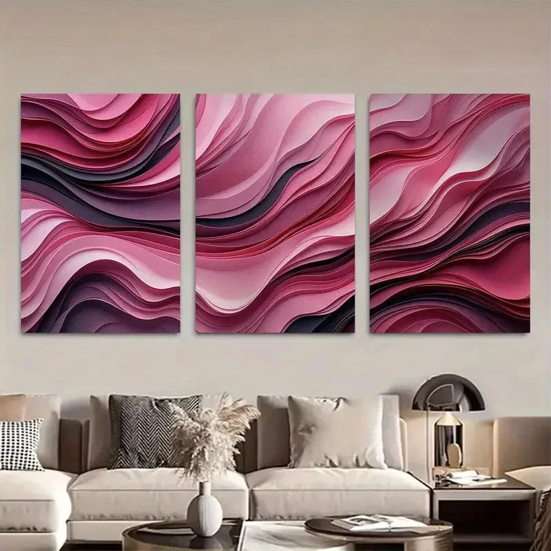 3pcs Pink Sculptural Abstract Metal Print Ready to Hang Art