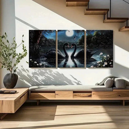 3pcs Black Swan Moonlit Night Serene Lake Wall Art Set Canvas Framed 50x70cm - High Quality Print 100% Australian Made Wall Canvas Ready to Hang - Bella Home Decor