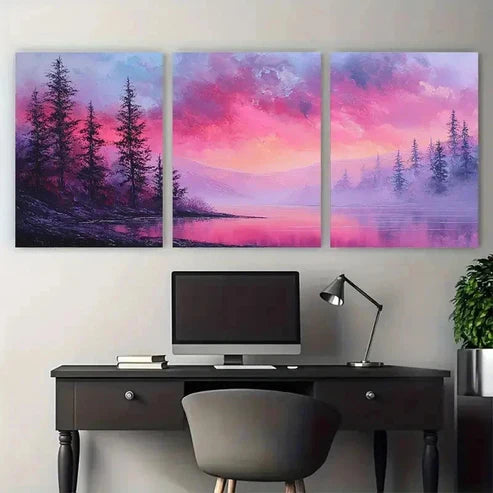 3pcs Pink Forest Valley Lake Texture Perfect Wall Art Set Canvas Unframed - High Quality Print 100% Australian Made Wall Canvas