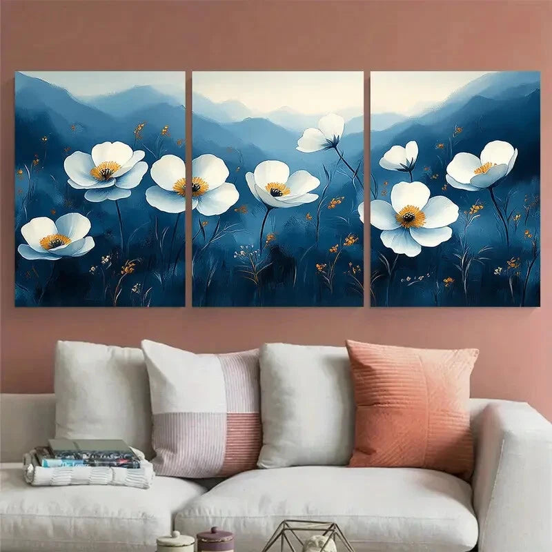 3pcs Serene White Primrose Meadow Blue Toned Metal Print Ready to Hang Art - Bella Home Decor