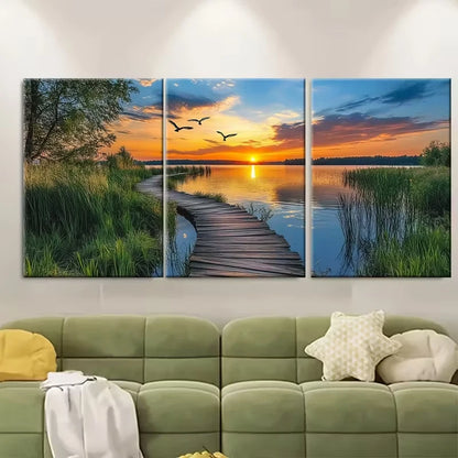 3pcs Wooden Path with Flying Birds Metal Print Ready to Hang Art