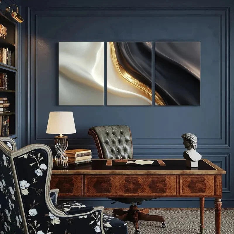 3pcs Abstract Silk Flow Golden Lines Black White Metal Print Ready to Hang Art - Bella Home Decor