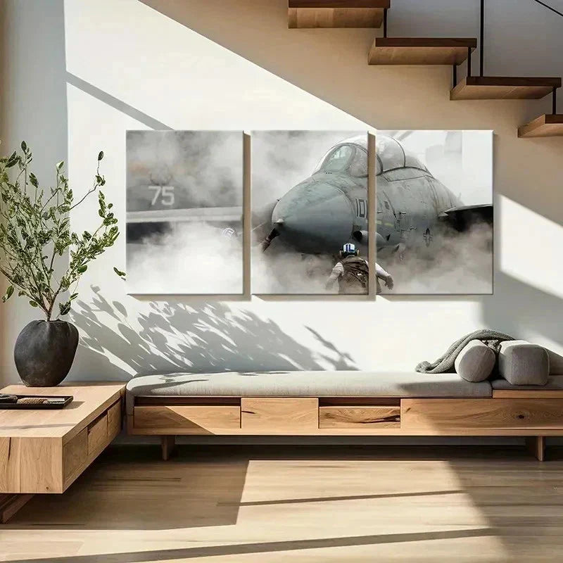 3pcs Military Theme Fighter Jet Through Smoke Wall Art Canvas Unframed - High Quality Print 100% Australian Made Wall Canvas