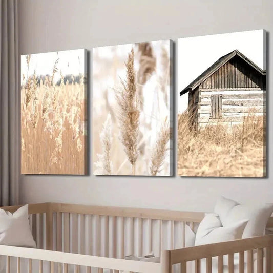 3pcs Rustic House & Reed Fields Landscape Wall Art Set Canvas Framed 60x90cm - High Quality Print 100% Australian Made Wall Canvas Ready to Hang