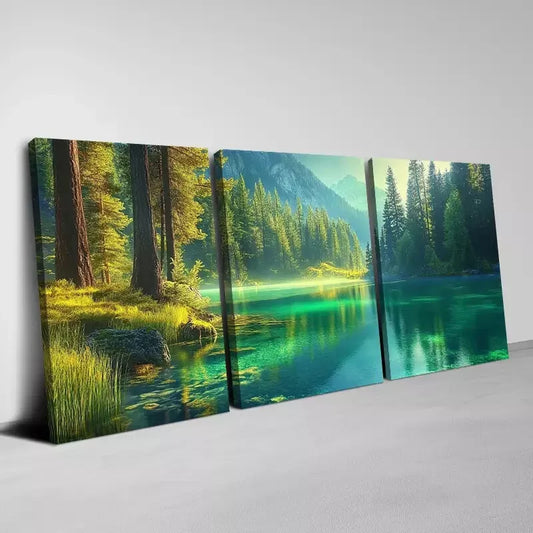 3pcs Vintage Peaceful Forest Lake with Mountain Wall Art Set Canvas Framed 40x60cm - High Quality Print 100% Australian Made Wall Canvas Ready to Hang