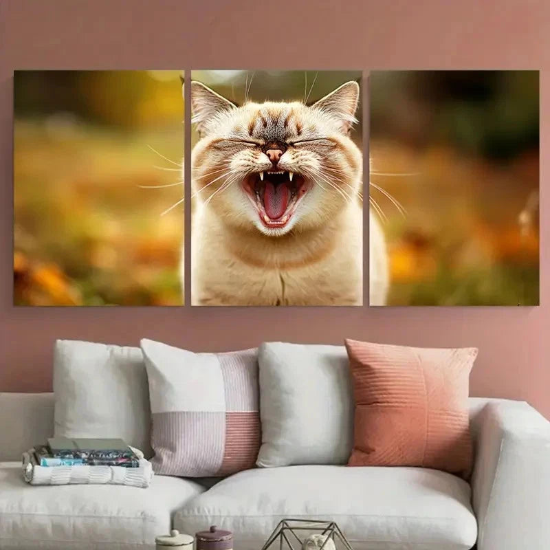 3pcs Cute Cat Yawning Illustration Wall Art Set Canvas Framed 60x90cm - High Quality Print 100% Australian Made Wall Canvas Ready to Hang - Bella Home Decor