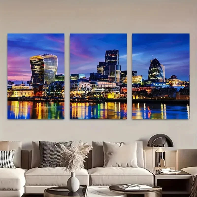 3pcs Financial District & River Reflections Metal Print Ready to Hang Art