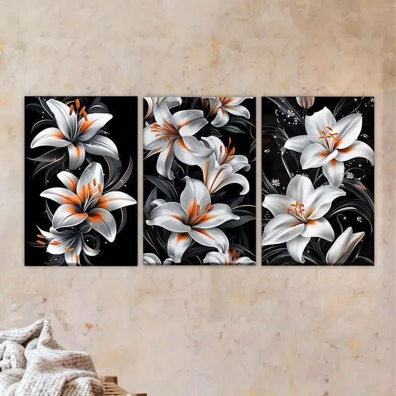 3pcs white and orange flowers on black Wall Art Set Canvas Framed 60x90cm - High Quality Print 100% Australian Made Wall Canvas Ready to Hang - Bella Home Decor