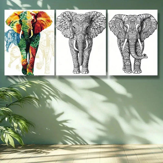 3pcs Stylized elephant Art Painting Metal Print Ready to Hang Art