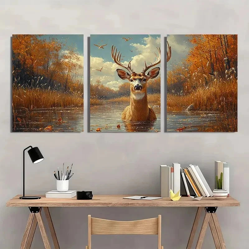 3pcs Vintage Whitetail Deer Hunting Wall Art Set Canvas Framed 50x70cm - High Quality Print 100% Australian Made Wall Canvas Ready to Hang