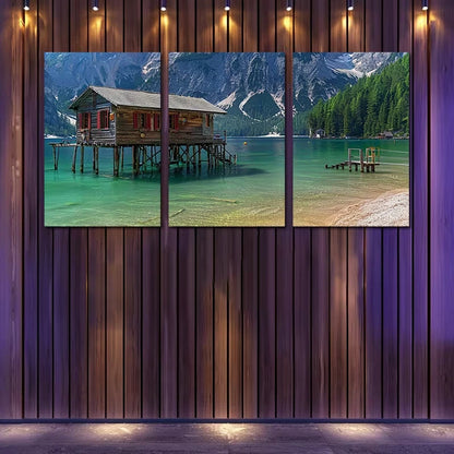 3pcs Mountains And House on Lakes Wall Art Set Canvas Framed 60x90cm - High Quality Print 100% Australian Made Wall Canvas Ready to Hang