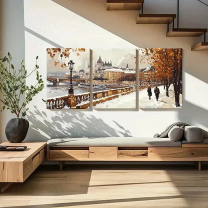 3pcs Snowy Cityscape with River & Autumn Leaves Wall Art Set Canvas Framed 60x90cm - High Quality Print 100% Australian Made Wall Canvas Ready to Hang - Bella Home Decor