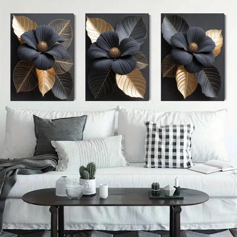 3pcs Golden Leaves and Dark Flowers Metal Print Ready to Hang Art - Bella Home Decor