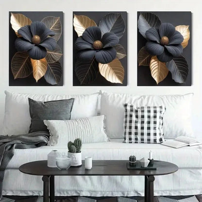 3pcs Golden Leaves and Dark Flowers Metal Print Ready to Hang Art - Bella Home Decor