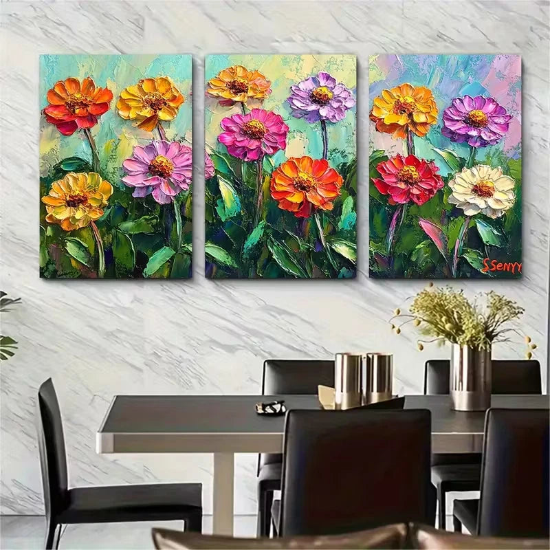 3pcs Zinnia Flowers Oil Painting Metal Print Ready to Hang Art