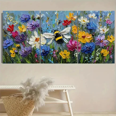 3pcs Bee Bumblebee Art Colorful Flower Honey Bee Wall Art Canvas Unframed - High Quality Print 100% Australian Made Wall Canvas - Bella Home Decor