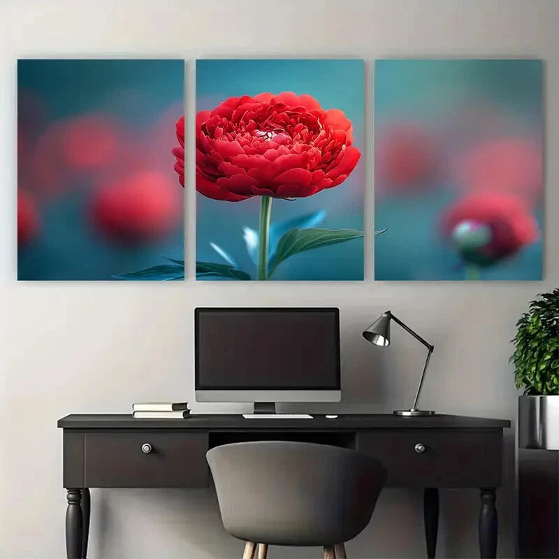 3pcs Crimson Red Peony Floral Photography Design Metal Print Ready to Hang Art - Bella Home Decor